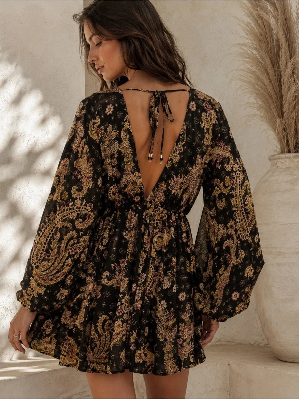Free People Arzel Paisley Mini Dress Black Boho Balloon Sleeve S